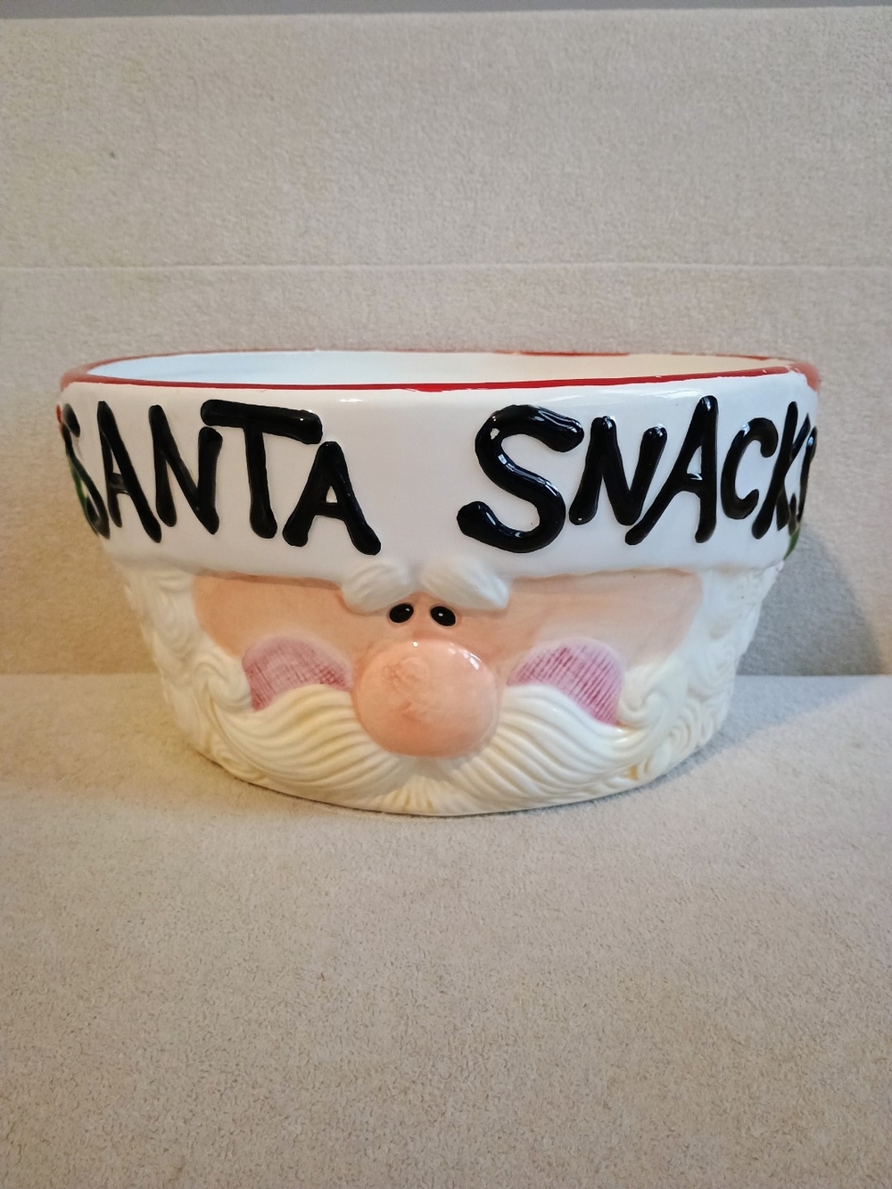 Santa Snacks Christmas Bowl Ceramic Glossy White Red Black Hand Wash